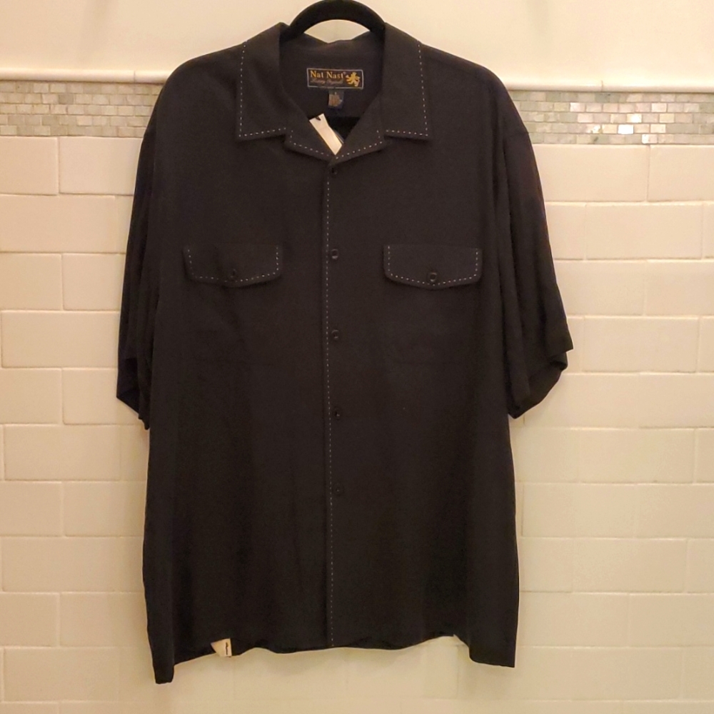100% silk Nat Nast black casual shirt with embroidered image on back